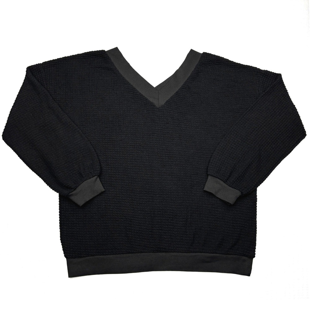 Adreamly Womens Medium Black Textured Waffle Knit Deep V Neck Pullover Top